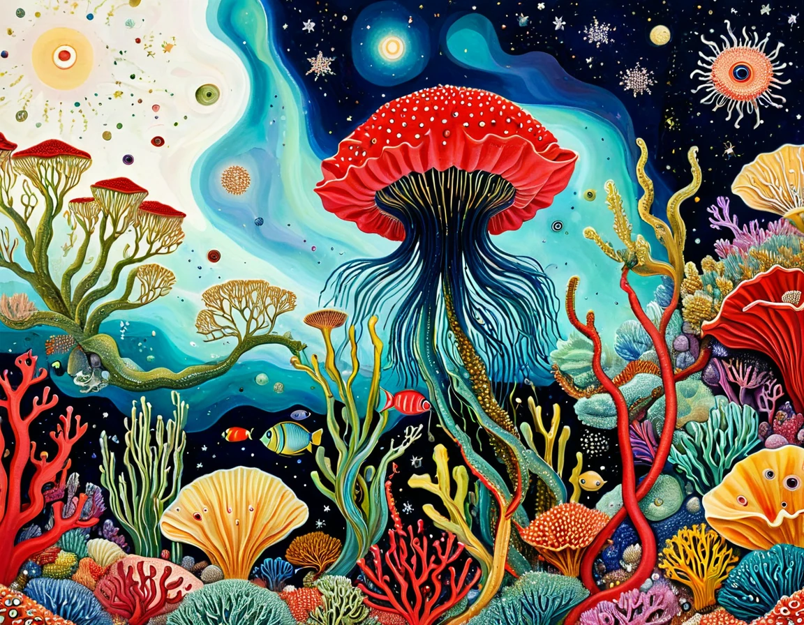 &quot;Dick Ellescas Artist Style&quot;,Corals in the desert，Schools of fish swimming，Tentacles，Eye、Starry Sky、diatom，Stitching together an abstract painting，Describing the inner world of autistic people，Sense of space，White Space，interesting，Innocence，Psychedelic Art，Red Theme