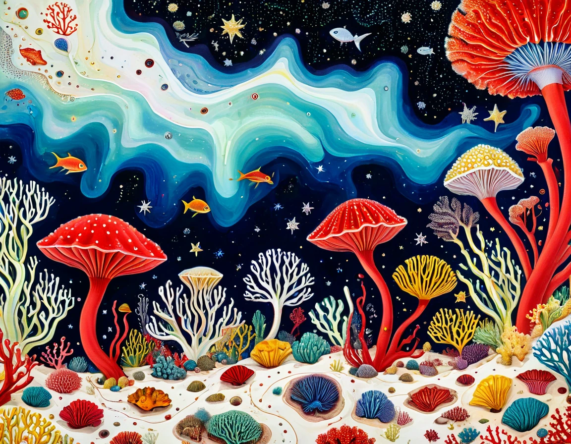 "Dick Ellescas Artist Style",Corals in the desert,Schools of fish swimming,Tentacles,Eye、Starry Sky、diatom,Stitching together an abstract painting,Describing the inner world of autistic people,Sense of space,White Space,interesting,Innocence,Psychedelic Art,Red Theme