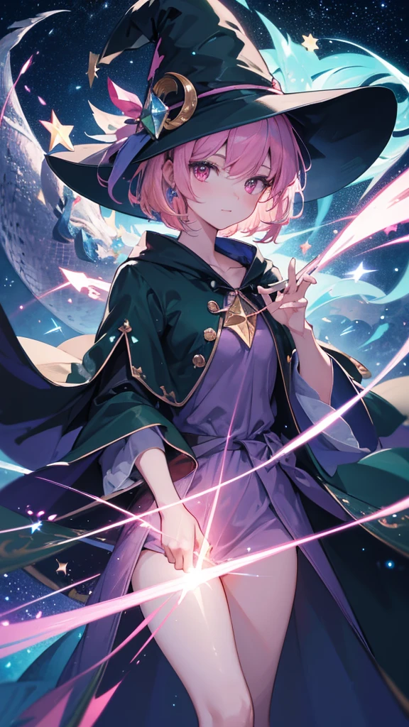 Best quality, Ultra detailed, best quality, insanely detailed, beautiful, masterpiece, 8k, 
break  
Lens Flare,night sky, Streaks of Light,refraction Glowing white lines ,Crossing Light,Shining Background, light particles
break 
dark forest,1sclupture of dragon left side of screen
break 
1lady, right side screen, pink hair, short hair, witch hat, green hat, Crescent-shaped ornament, on hat, pink eyes, witch robe, dark blue robe, star-shaped ornament on the center of chest, witch wand on right hand, sparkling wand, shimmering aura around lady, 