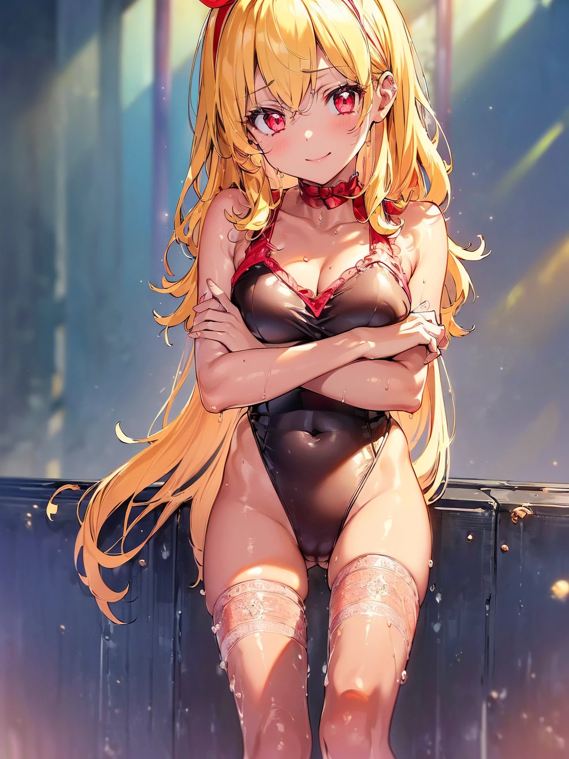 (RED Ribbon on HAIRband:1.2),aikatsu,masterpiece, best quality, ((beautiful detailed eyes):1.3), 10years old, RED eyes, Blonde hair,Straight hair, leg hair ribbon, RED headband,large_boob, ((tight brilliant shiny competition swimsuit:1.2, plunking neckline, plunking navel, cleavage)), ((extremely delicate and beautiful fabric):1.3), looking at viewer, ((gravure pose, crossed arms, under breasts)), seductive_orgasm smile, blush, slender, slim, (indoor pool, pool lane, swimming pool, competition pool, pool starting block, swimming building, water, water surface, daytime, window, sunlight, (in the pool):1.2), very clear, ((masterpiece, best quality, ultra-detailed):1.5), ((an extremely delicate and beautiful)), ((((illustration)))), (realistic:0.6), (extremely detailed skin), ((ultra-detailed:1.35)), (detailed fingers, absurdres, intricate, (1girl), ((solo)), ((glistening skin)), (((oily skin))), ((wet skin)),