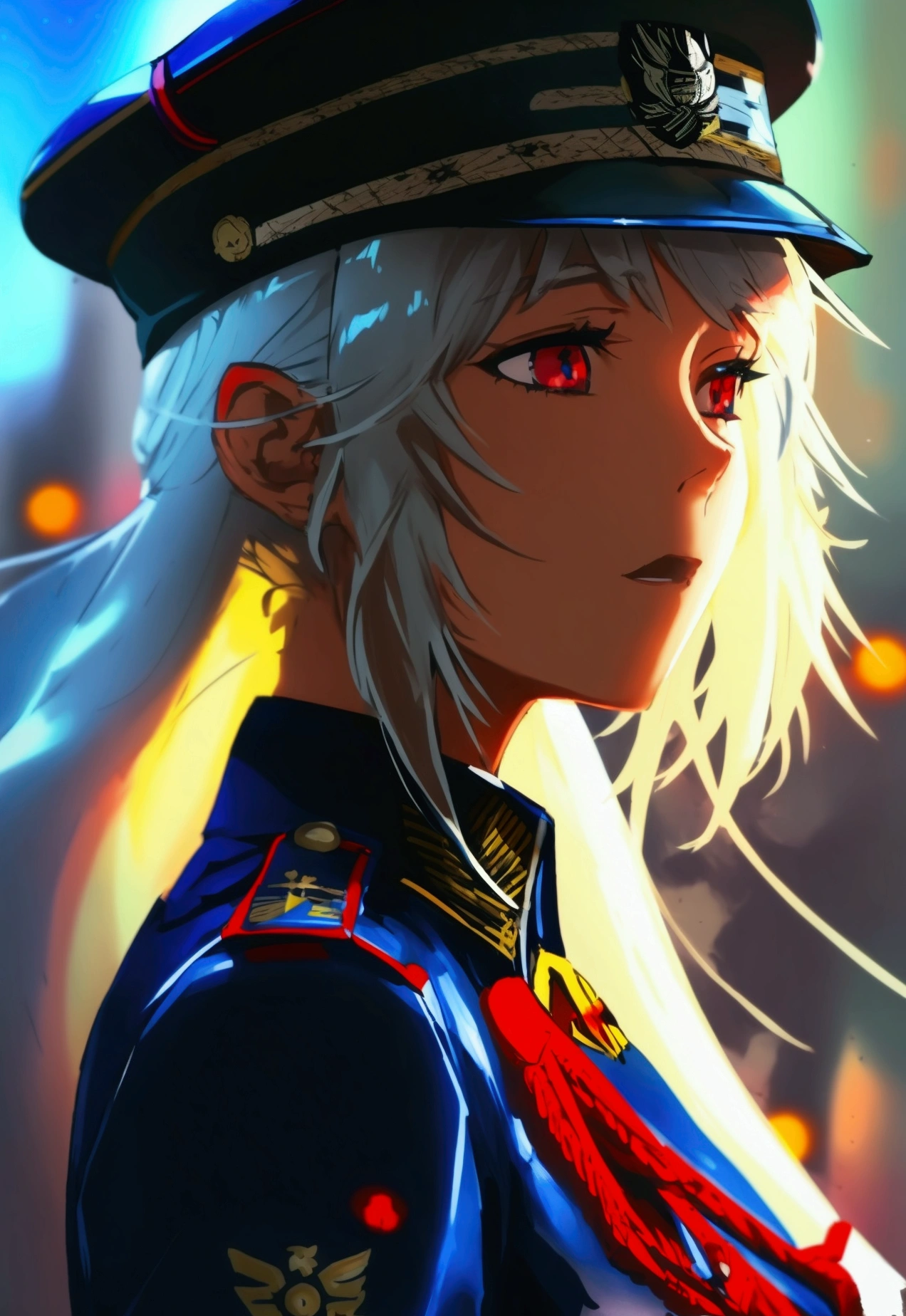 Anime is a military girl wearing a dark blue uniform with dark red elements. Black eyes, white long hair, and a scar on her neck.