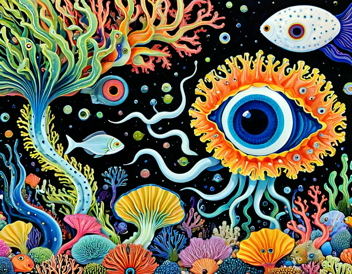 &quot;Dick Ellescas Artist Style&quot;,Corals in the desert，Schools of fish swimming，Tentacles，Eye、eyeball、diatom，Stitching together an abstract painting，Describing the inner world of autistic people，Sense of space，White Space，interesting，Innocence，Psychedelic Art，Dark Theme