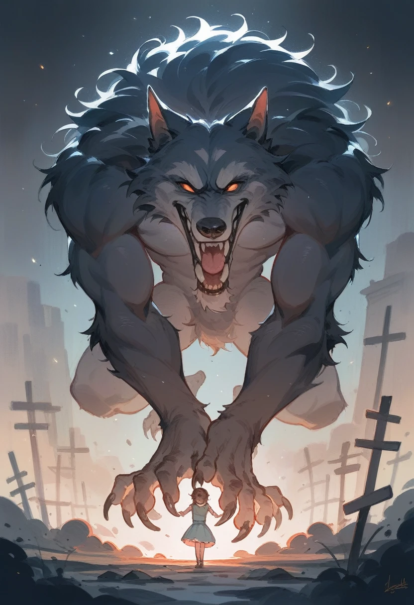 cover page, highres, top quality, best quality, paid reward available, unparalleled masterpiece, perfect artwork, absurdres, High-quality illustrations, watercolor, soft color, love story of human girl and giant Werewolf, love romance, pair, Height difference, Physical difference, perfect anatomy, smile, joyful, play with, smile, happy,