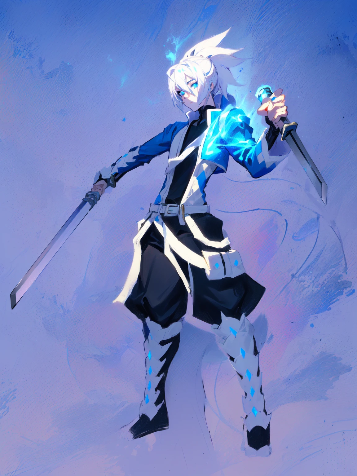 sketches of a drawing of a androgynous young boy with 2 swords, an anime drawing, detailed fanart, hero 2d fanart artsation, ( ( character concept art ) ), anime drawing, game art!!, with out shading, anime shading), dramatic wielding sword pose, anime shading, white hair, glowing blue eyes, pale skin, black ninja pants, black vest, blue belts, short blue jacket, very long ponytail 