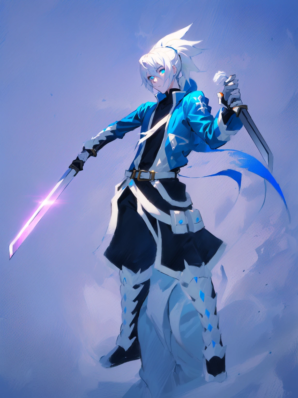 sketches of a drawing of a androgynous young boy with 2 swords, an anime drawing, detailed fanart, hero 2d fanart artsation, ( ( character concept art ) ), anime drawing, game art!!, with out shading, anime shading), dramatic wielding sword pose, anime shading, white hair, glowing blue eyes, pale skin, black ninja pants, black vest, blue belts, short blue jacket, very long ponytail 