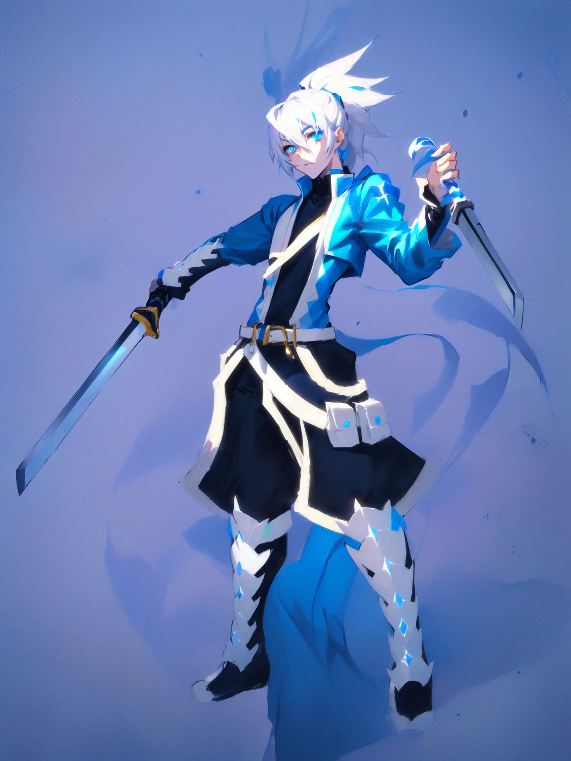 sketches of a drawing of a androgynous young boy with 2 swords, an anime drawing, detailed fanart, hero 2d fanart artsation, ( ( character concept art ) ), anime drawing, game art!!, with out shading, anime shading), dramatic wielding sword pose, anime shading, white hair, glowing blue eyes, pale skin, black ninja pants, black vest, blue belts, short blue jacket, very long ponytail 