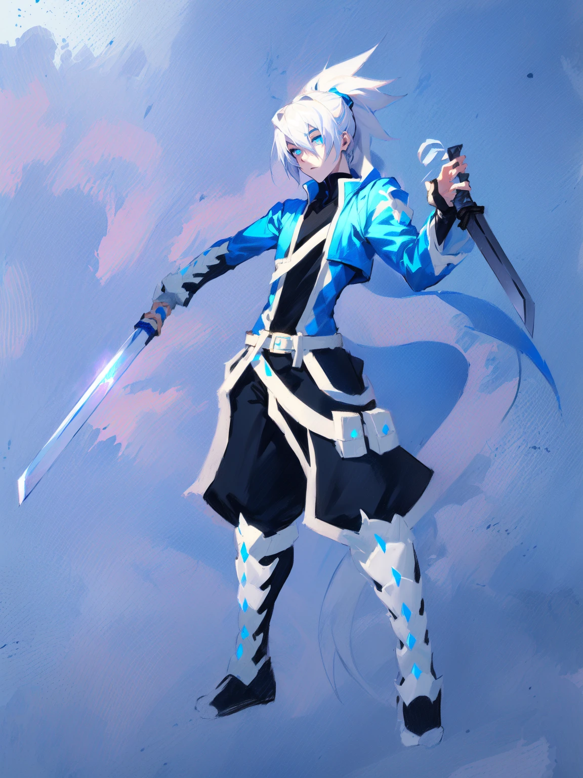 sketches of a drawing of a androgynous young boy with 2 swords, an anime drawing, detailed fanart, hero 2d fanart artsation, ( ( character concept art ) ), anime drawing, game art!!, with out shading, anime shading), dramatic wielding sword pose, anime shading, white hair, glowing blue eyes, pale skin, black ninja pants, black vest, blue belts, short blue jacket, very long ponytail 