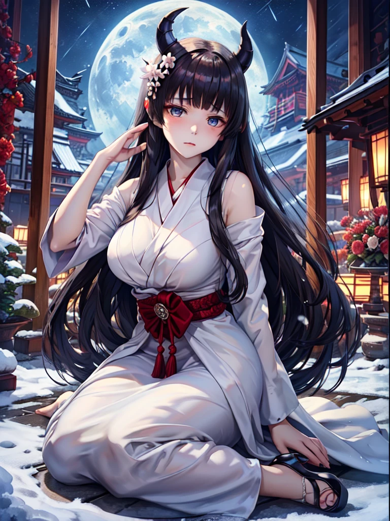 //Character 1 Girl, Tragic Princesses of Ancient Japan, Slim and soft, 中くらいのbig胸, Ultra detailed face, So cute, Innocent, Round face, Thin eyebrows, Iris, (Clear skin, Super Extra Pale, Looks sick, Sad:1.6), (A shadow on her cheek), sorrow, Very long hair, Black Hair, Straight bangs, Devil horns on my head BREAK //Fashion Japanese ghost-inspired outfit Her outfit is styled with the image of the clothes of death Pure white Japanese kimono, BREAK IN A BAMBOO GROUND FEATURED WITH DARK GRAY FLOWERS, Deep in the mountains, Very dark, cold, The snow falls quietly, Cover your mouth with sleeves,Highest quality, Very detailed, Japanese Goddess, 夜とmoonの女神 (Tsukuyomi:1.5), Black Hair, Bright Eyes, Beautiful Eyes, (A circle of light behind her:1.3), (彼女は赤い模様の夜とmoonの横を走る.:1.3), (It is a very luxurious white formal dress with many decorations.。:1.5), Cinema Lighting, moon, performer, bright light line, Mature Woman, sexy, big , Amaterasu Oomikami, delicate, very sexy woman, Sensual girl, big busty,