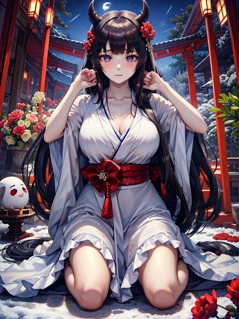 //Character 1 Girl, Tragic Princesses of Ancient Japan, Slim and soft, 中くらいのbig胸, Ultra detailed face, So cute, Innocent, Round face, Thin eyebrows, Iris, (Clear skin, Super Extra Pale, Looks sick, Sad:1.6), (A shadow on her cheek), sorrow, Very long hair, Black Hair, Straight bangs, Devil horns on my head BREAK //Fashion Japanese ghost-inspired outfit Her outfit is styled with the image of the clothes of death Pure white Japanese kimono, BREAK IN A BAMBOO GROUND FEATURED WITH DARK GRAY FLOWERS, Deep in the mountains, Very dark, cold, The snow falls quietly, Cover your mouth with sleeves,Highest quality, Very detailed, Japanese Goddess, 夜とmoonの女神 (Tsukuyomi:1.5), Black Hair, Bright Eyes, Beautiful Eyes, (A circle of light behind her:1.3), (彼女は赤い模様の夜とmoonの横を走る.:1.3), (It is a very luxurious white formal dress with many decorations.。:1.5), Cinema Lighting, moon, performer, bright light line, Mature Woman, sexy, big , Amaterasu Oomikami, delicate, very sexy woman, Sensual girl, big busty,