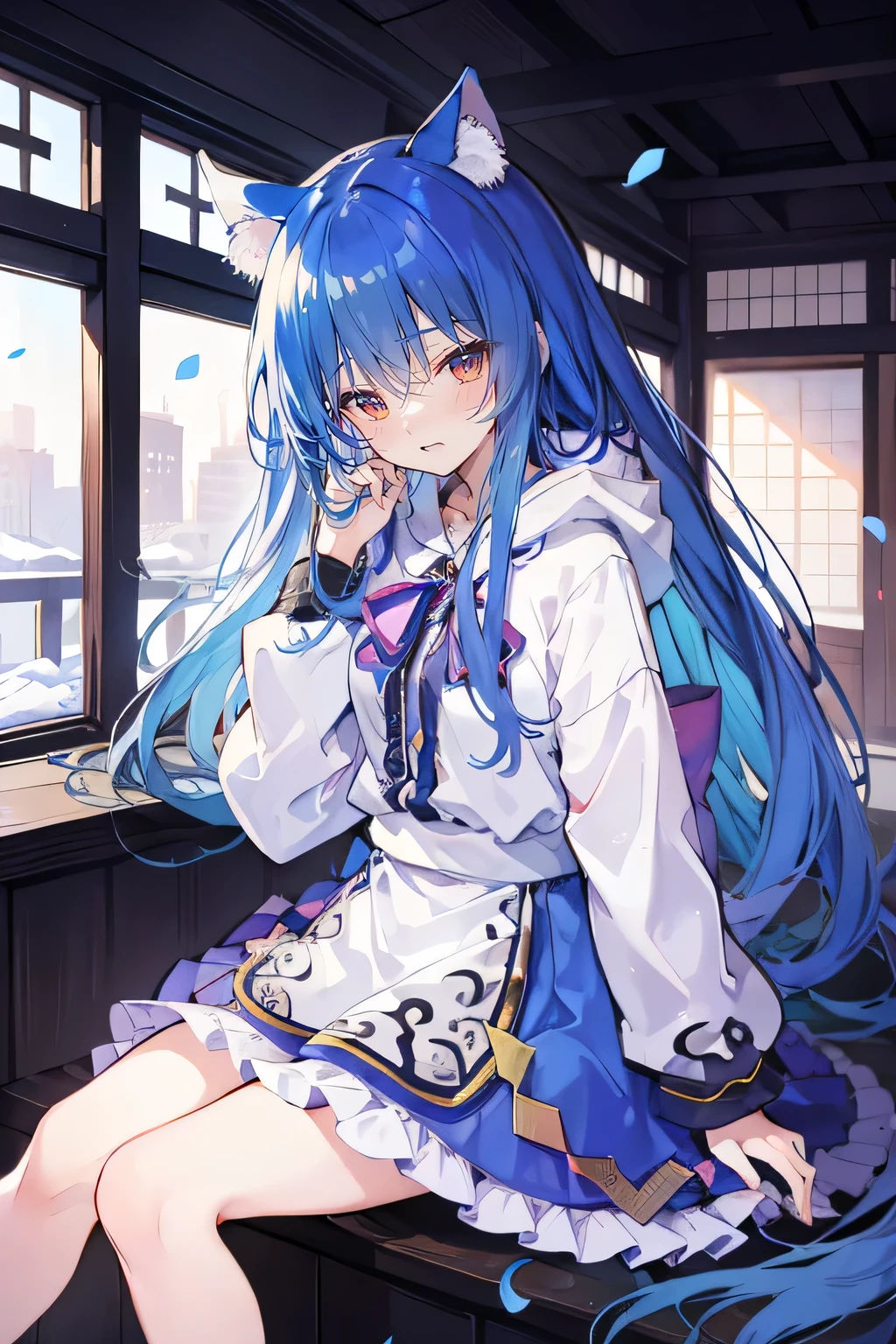(masterpiece:1.2),Super detailed,lifelike,Expressive eyes,fair skin,perfect face shape,1 girl,
Japanese comics,Gorgeous blue hair,flowing blue hair,flowing clothes,Cat ears,Petals fall,beautiful lola,Baby Angel,
Shaking head with one hand,Cross your legs,Gentle and peaceful background,The pavilion is cool and comfortable,smile, wearing hoodie, In front of the window,snowing,Clear sky。