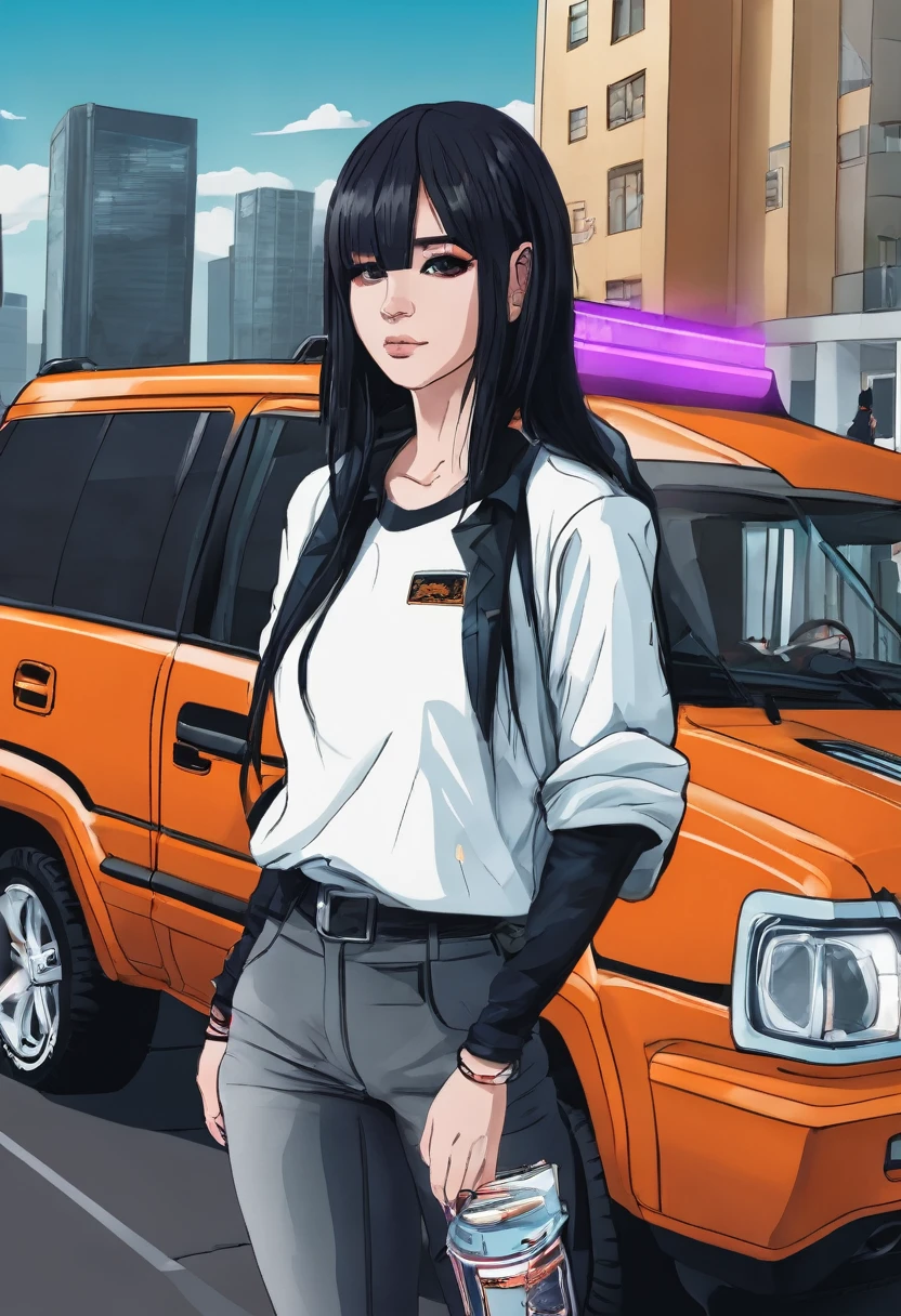 A girl in an emo business like mode, standing in front of her company with an SUV