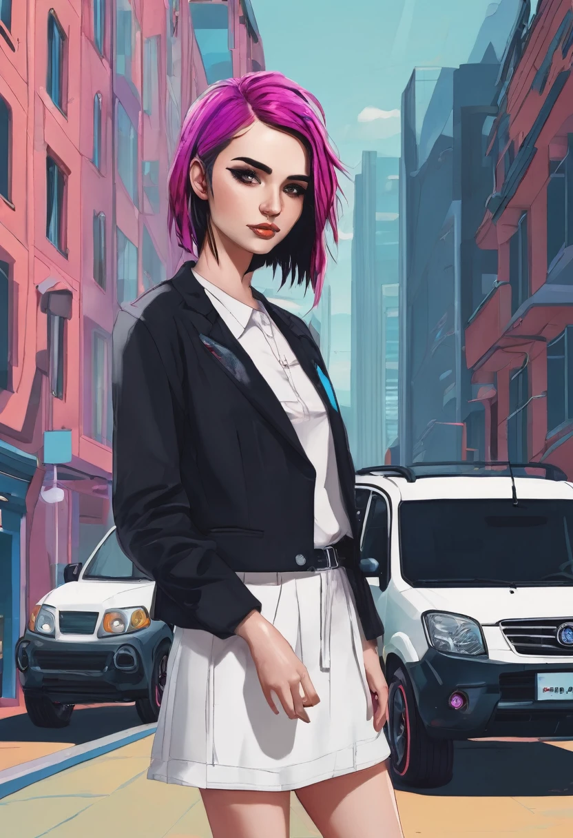 A girl in an emo business like mode, standing in front of her company with an SUV 