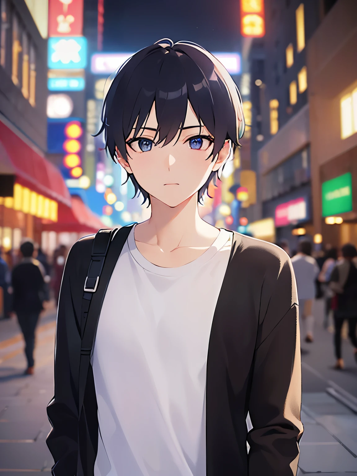 upper body、shiny skin, masterpiece、Highest quality、(25-year-old male:1.5) and (Black short hair) and (blue eyes),BREAK (Black cardigan) and (White T-shirt) BREAK、Serious expression, The background is a shopping street at night、(Alone:1.5)、Are standing,