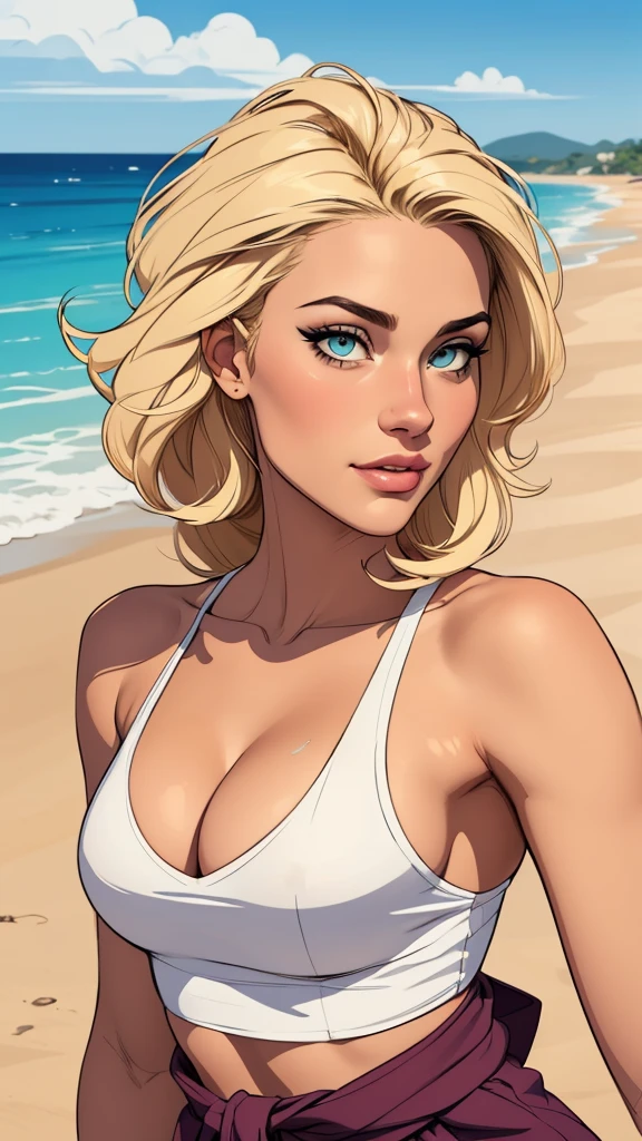 Flat colors, close up, portrait of a 25 year old surfer looking girl, tan skin, beach blonde salty hair, natural beaty, beautiful, casual, top-Flat colors, close up, portrait of a 25 year old surfer looking girl, tan skin, beach blonde salty hair, natural beaty, beautiful, casual,tank top, small perky  breasts, cleavage
 , Forest fan art, Design de personagens de retrato, beautiful digital illustration, retrato de alta qualidade, Arte em quadrinhos, mulher jovem cabelo com transas lindas . Beautiful lined eyes Medium large bust and wonderful sexy clothes. image expression of sexual desire from the waist to the head illustration