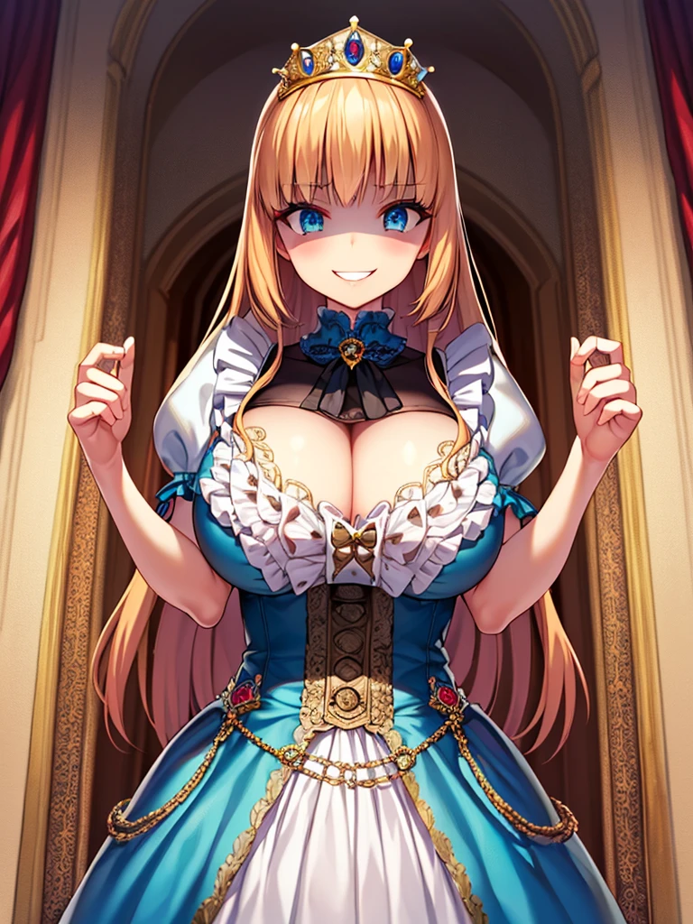 ((Anime art style)),(masterpiece),(Highest quality), (Very detailed),((Very delicate and beautiful)),((alone)),((whole body)),((1 princess in a gorgeous Victorian dress)),Lots of frills,Detailed face and eyes,Jewel-like eyes,((There is a volume and、Very long straight hair)),((Gorgeous embroidery and lace)),Gorgeous corsage,See through,gorgeous hair accessory,Gorgeous sparkling jewel tiara,Gorgeous frills,((Huge breasts,Long chest)),Skin dents,((whole body)),((Skirt of Hope,crinoline)),Standing pose,Dynamic Angle,Show Viewer,Royal Victoria Palace,(((A gorgeous Victorian dress with rich embroidery)),whole body,Big Breasts, Grin、With a creepy smile, A smile with downturned corners,View your audience, blush, Open your mouth,Please place your hand on your chest