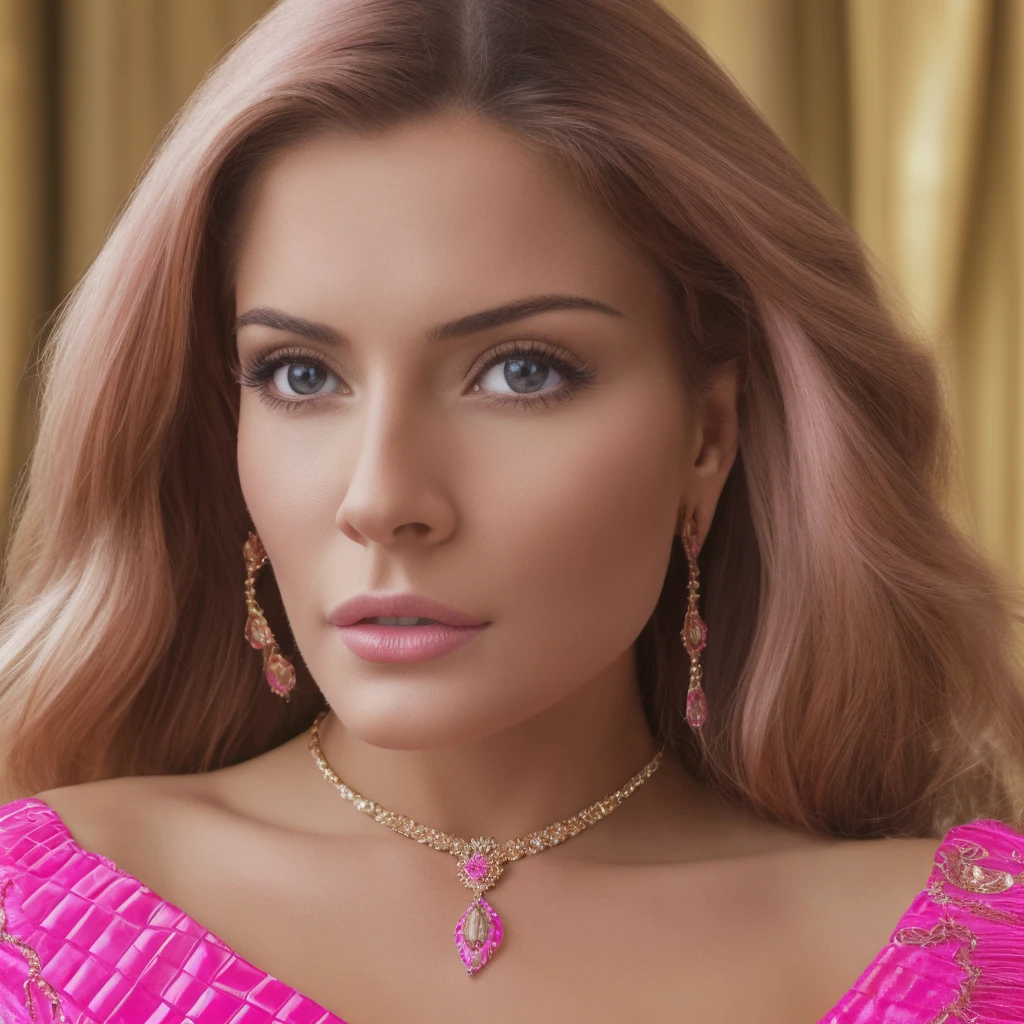 Generate me the most beautiful woman in the world with Russian origins with a magnificent pink outfit very very beautiful very design and very detailed I want her to wear magnificent jewelry all in ultra realistic 16k with lots of realistic texture details like a real photo adds a background where there is a magnificent lake