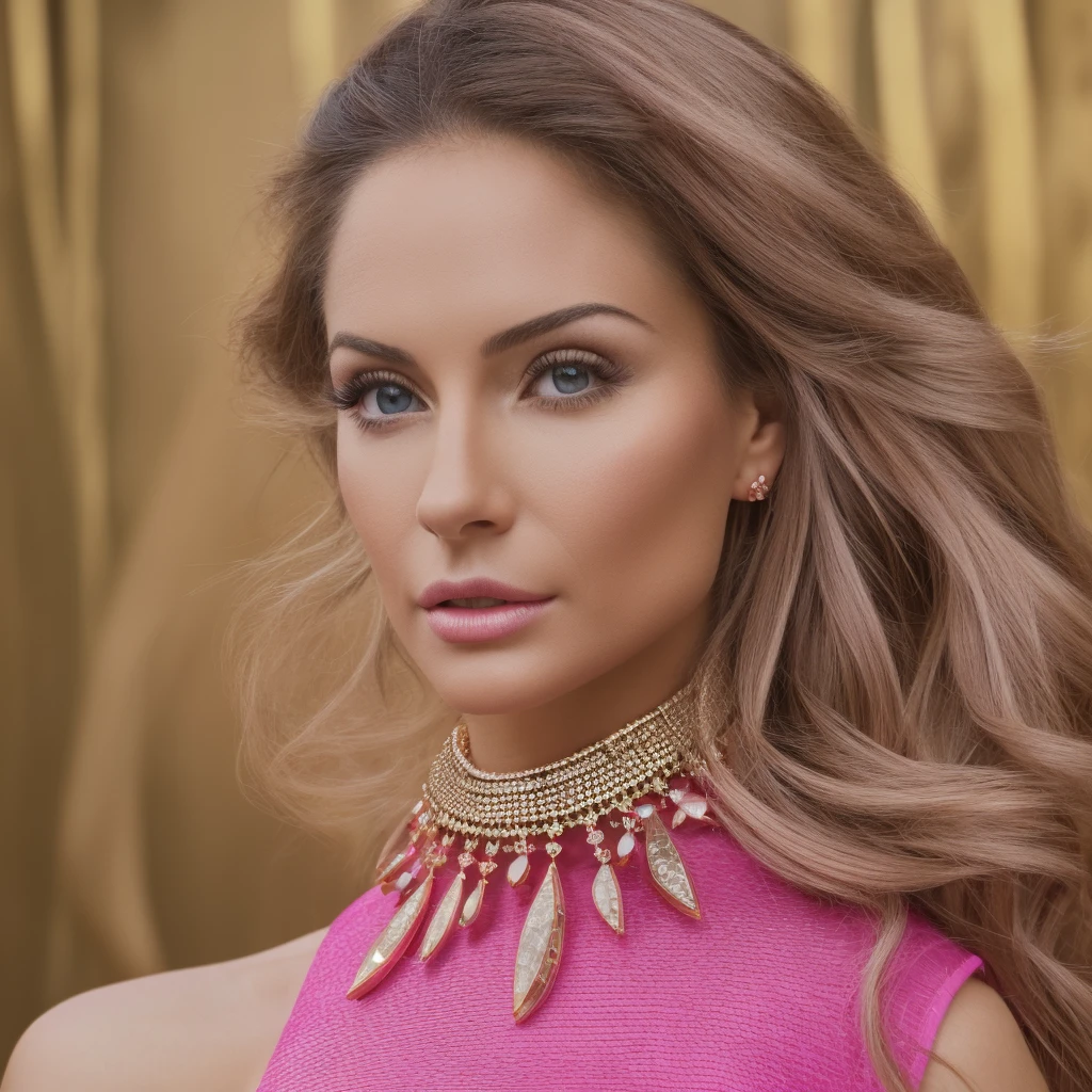 Generate me the most beautiful woman in the world with Russian origins with a magnificent pink outfit very very beautiful very design and very detailed I want her to wear magnificent jewelry all in ultra realistic 16k with lots of realistic texture details like a real photo adds a background where there is a magnificent lake 