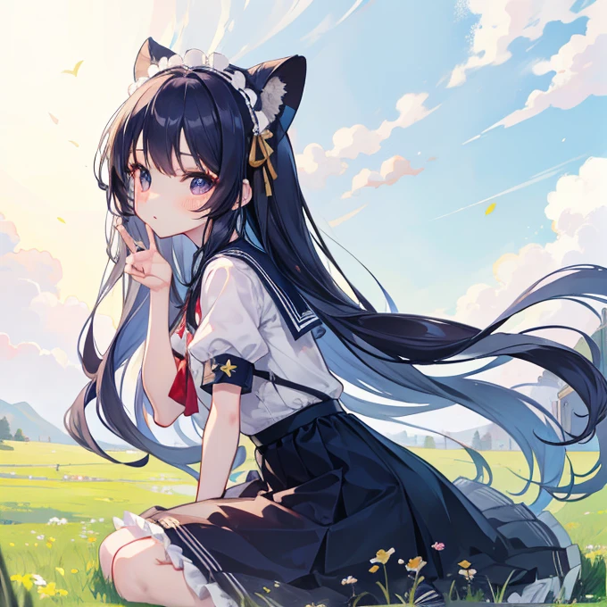 Long navy hair，Lolita Skirt，Fufu has a very cute face，It's a cute girl，In the grassland
