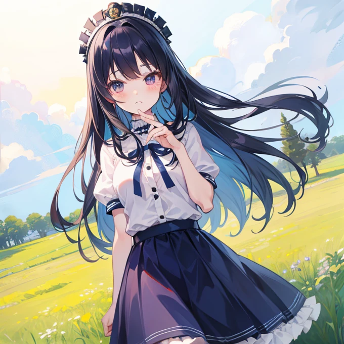 Long navy hair,Lolita Skirt,Fufu has a very cute face,It's a cute girl,In the grassland