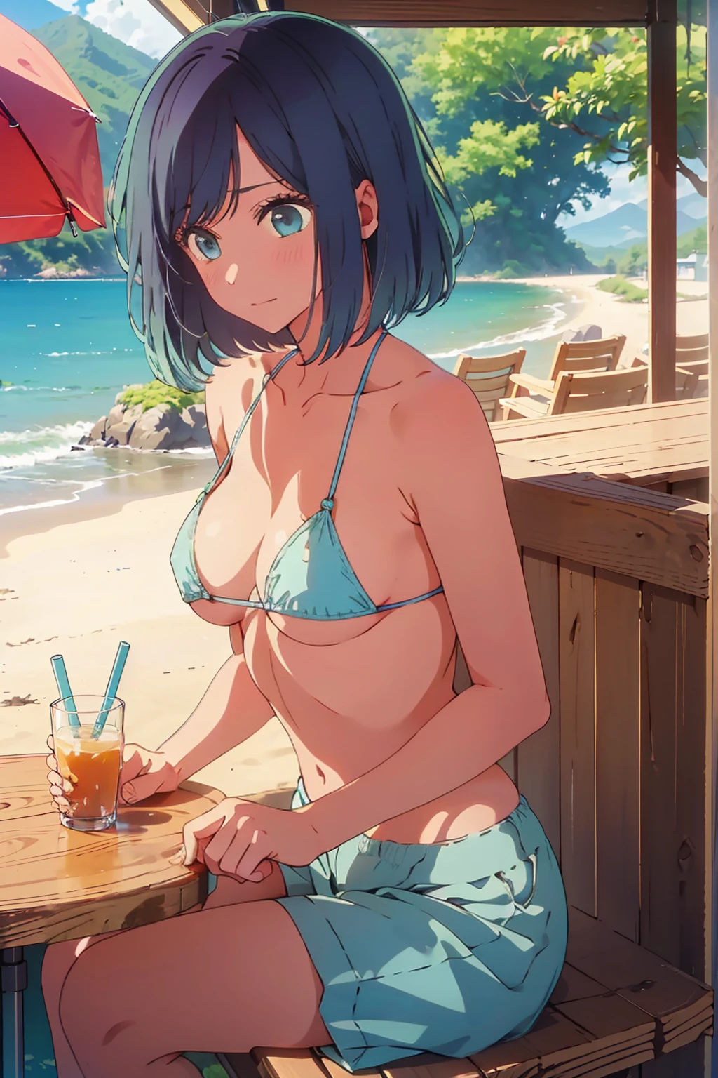 (Highest quality:1.4、masterpiece:1.4、Super detailed:1.4、8K:1.4)、((((1 person、Surprised expression、sit、Cafe Terrace、coastal、juice、table、Sandy Beach、juiceのグラスを持つ、Micro Bikini、Very soft boobs、Big eyes、It rains、Very cute face))))、F cup bust、Medium breast、Underboob、Sideboob