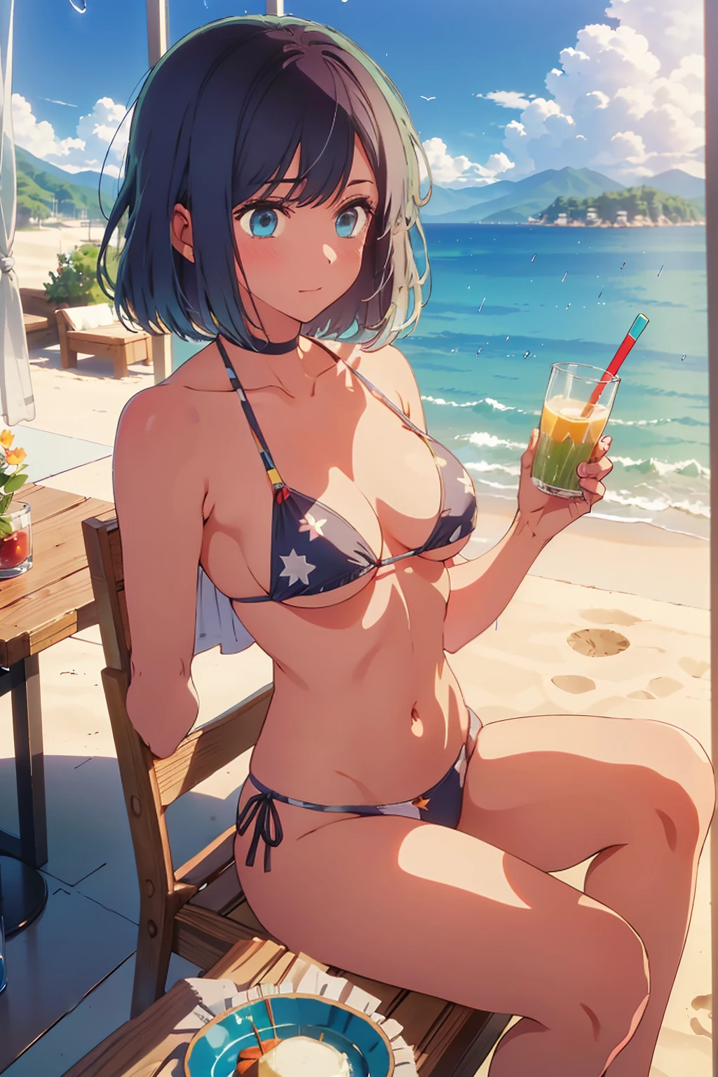 (Highest quality:1.4、masterpiece:1.4、Super detailed:1.4、8K:1.4)、((((1 person、Surprised expression、sit、Cafe Terrace、coastal、juice、table、Sandy Beach、juiceのグラスを持つ、Micro Bikini、Very soft boobs、Big eyes、It rains、Very cute face))))、F cup bust、Medium breast、Underboob、Sideboob