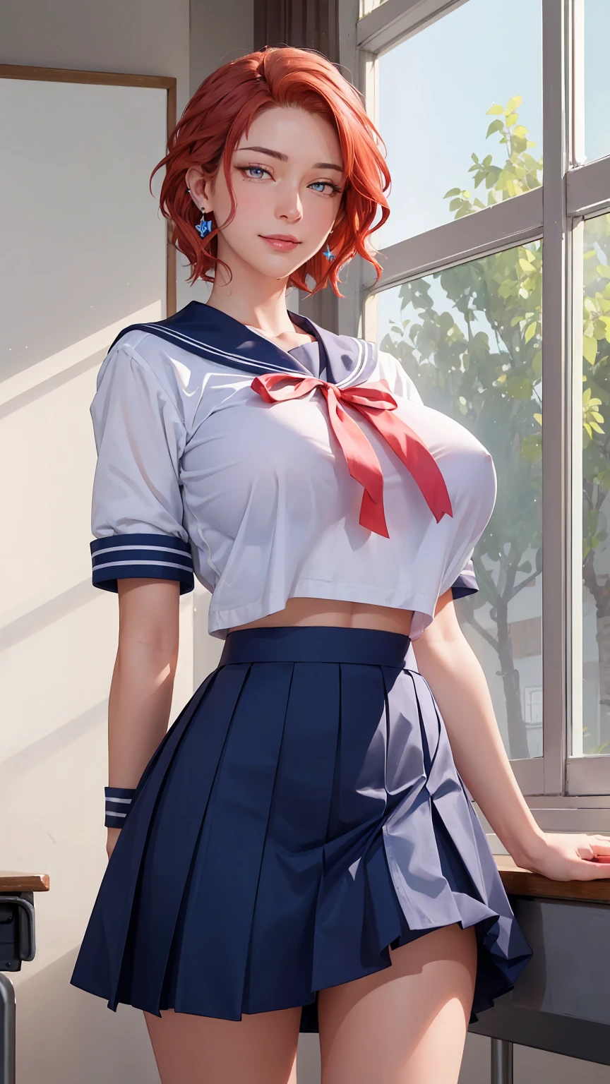 ((((masterpiece, best quality, high resolution)))), Extremely detailed 8K, Beautiful girl with voluptuous body, (Ultra HD, Ultra-detailed, Highly detailed, Highly realistic, Ultra-realistic, photograph realistic), (1girl:1.5), (Realistic red hair), (short wavy hair, hair ornaments, earrings), (dynamic poses), facing at camera, looking at viewer, (blushing red, embarrassed, exhausted, smile), (pink eyes, sharp eyes), (extra huge perky breasts:1.2), (wide hips:1.2), (beautiful detailed face, beautiful detailed eyes), ((sailor fuku uniform, red ribbon, blue plated skirt)), (detail pussy), (standing), sweat, glow, (sunbeam, sunlight), ((cowboy shot)), classroom, seductive