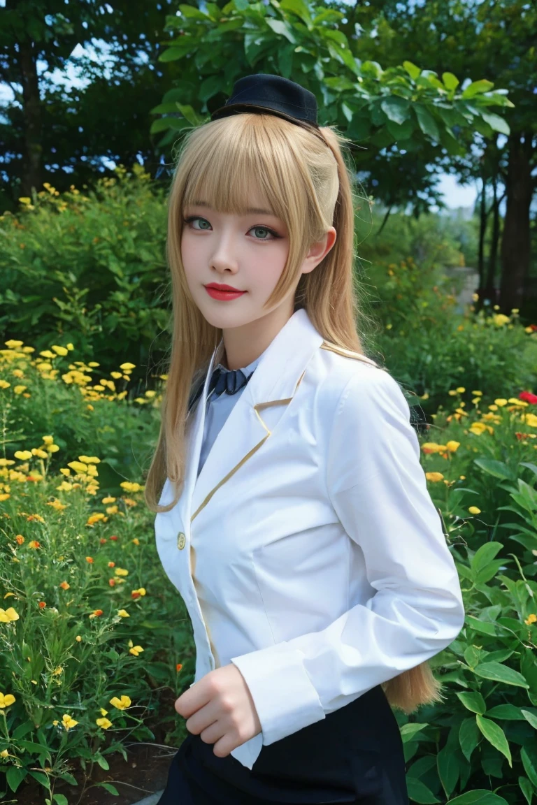 best quality, tmasterpiece,Ultra-high resolution,Clear face,(Reality:1.4),ferpect lighting,(upper body:1.5), (photorealistic:1.50), anime wallpaper, Guviz style artwork, cover-up fantasy up to magic , by Yang J, Guviz, beautiful artwork illustration, beautiful digital artwork, beautiful digital illustration, Li Song, beautiful anime portrait, art style in Beauvot, Minami Kotori, 1girl, 独奏,cosplay, looking at viewer,
long hair, blonde hair,bangs, side ponytail,single hair bun,
gloves, mini hat, pencil skirt, Miniskirt, long sleeves, police uniform,
outdoors,photo background, meadow, Garden, standing,