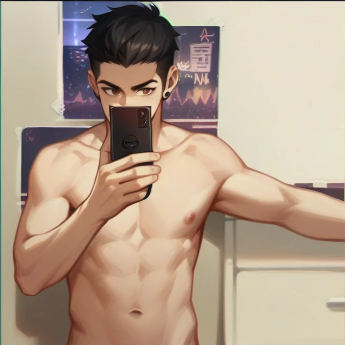 Gamer boy, brown eyes, black hair, soft smile, dark romm with low light.