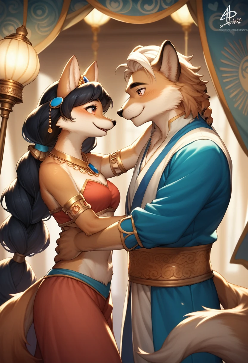 movie poster, highres, top quality, best quality, paid reward available, unparalleled masterpiece, perfect artwork, absurdres, High-quality illustrations, super high resolution, detailed background, perfect anatomy(1girl, 1boy, couple, kemono, furry anthro, fearless smile, Arab national costume, love romance)Aladdin and the magic lamp,