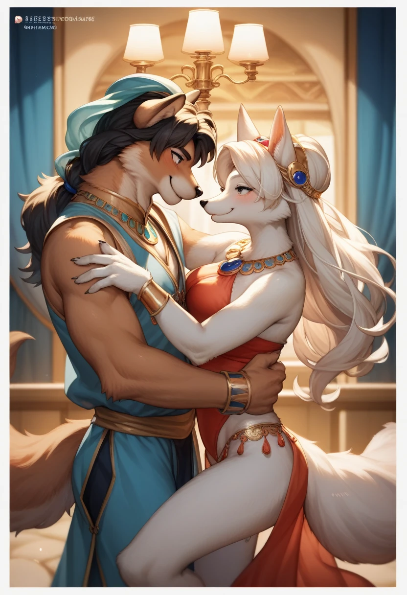 movie poster, highres, top quality, best quality, paid reward available, unparalleled masterpiece, perfect artwork, absurdres, High-quality illustrations, super high resolution, detailed background, perfect anatomy(1girl, 1boy, couple, kemono, furry anthro, fearless smile, Arab national costume, love romance)Aladdin and the magic lamp,