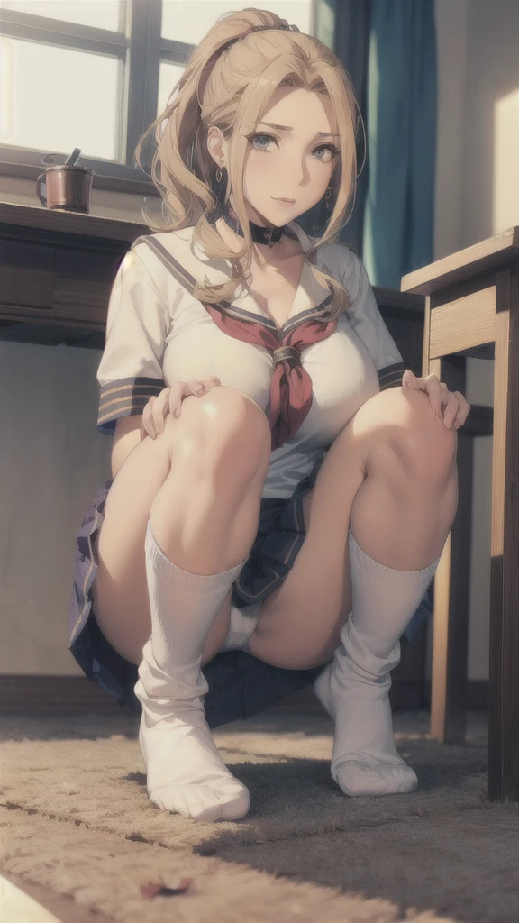((Correct Anatomy)),(Female student),((school uniform)),((Sailor suit)),((White lace panties)),(Mini Pleated Skirt),(((White loose socks))),((squat)),Ultra-high resolution,Mature Woman, Mature Woman, Very detailed,Sunburned skin,Brown Skin,((Beautiful feet)),(Big Breasts),((Beautiful legs)),Perfect hands, Detailed fingers, Beautiful details, ((Long blonde hair)),((ponytail)),Black Choker, Earrings,loafers,Embarrassing,Perfect Eyes, Captivating eyes,(School)