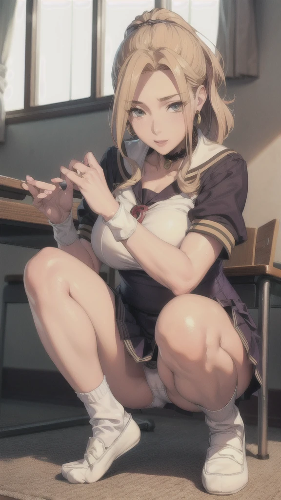((Correct Anatomy)),(Female student),((school uniform)),((Sailor suit)),((White lace panties)),(Mini Pleated Skirt),(((White loose socks))),((squat)),Ultra-high resolution,Mature Woman, Mature Woman, Very detailed,Sunburned skin,Brown Skin,((Beautiful feet)),(Big Breasts),((Beautiful legs)),Perfect hands, Detailed fingers, Beautiful details, ((Long blonde hair)),((ponytail)),Black Choker, Earrings,loafers,Embarrassing,Perfect Eyes, Captivating eyes,(School)
