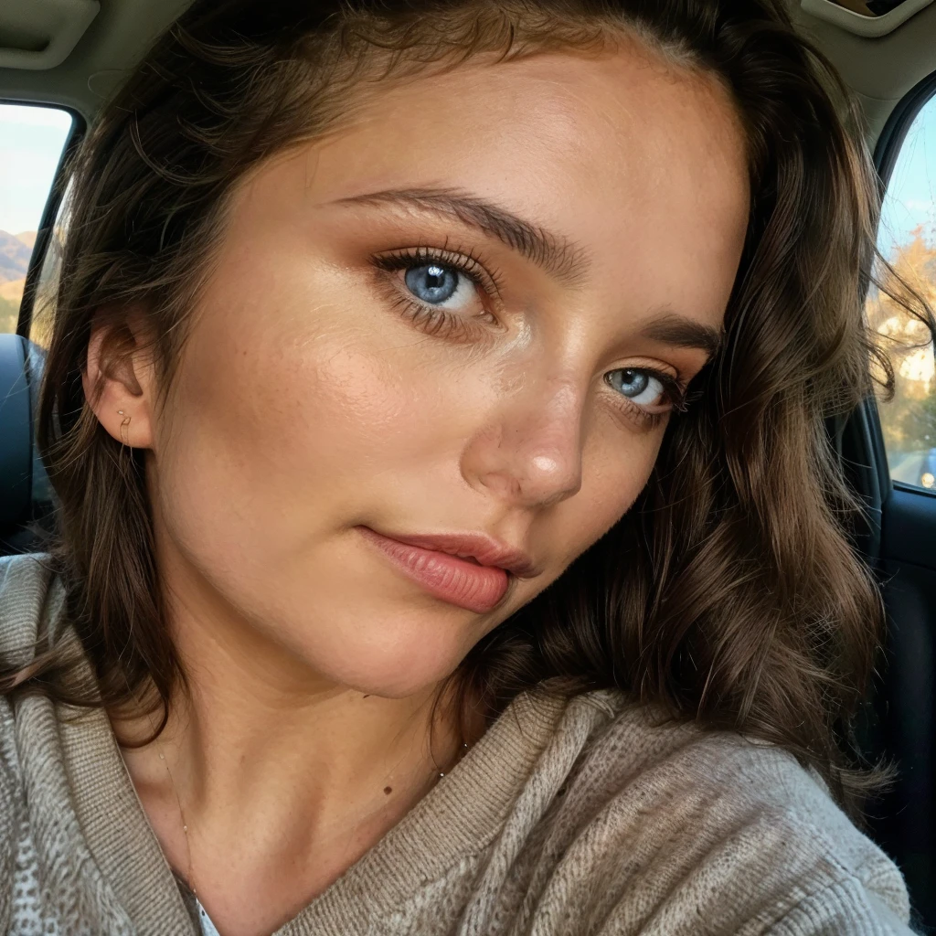 Beautiful brunette, who wears a sweater (22 years old, innocent face, naturally wavy hair, blue eye),driving a car (Porsche car, driving woman), ((Selfie on the upper body, a happy)), masterpiece, beste-Qualit, Ultra-detail, solo, En plein air, (the night), Mountains, Natur, (the stars, Officer) cheerful, analog style (look at the viewer: 1.2) (Skin texture) (Film grains: 1.3), (warm hue, warmer Ton: 1.2), a close-up of a, cinematiclight, sidelighting, extra high resolution, better shadow, SPIRIT, upper body, pullover