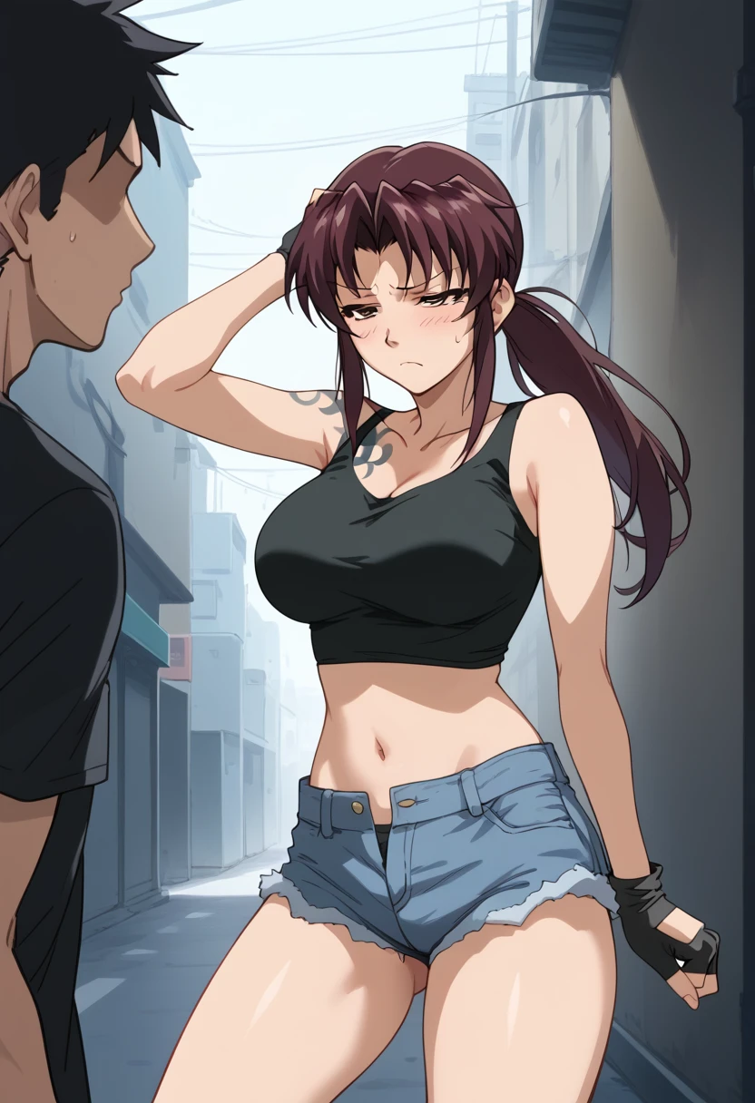 score_9, score_8_up, score_7_up, rating_explicit, masterpiece, best quality,high quality,highres,very aesthetic, absurdres, high detailed,optimal lightning,4k,8k wallpaper, source_anime, uncensored,official art, official style, megami magazine,BREAK,1girl,Revy, long hair, brown hair, brown eyes, ponytail,black crop top,  fingerless gloves, short shorts, denim shorts,blue shorts,unamused,confused,disappointed,embarrassed,breast press,BREAK,1male,faceless male,standing,standing at attention,clothed,BREAK,alley,