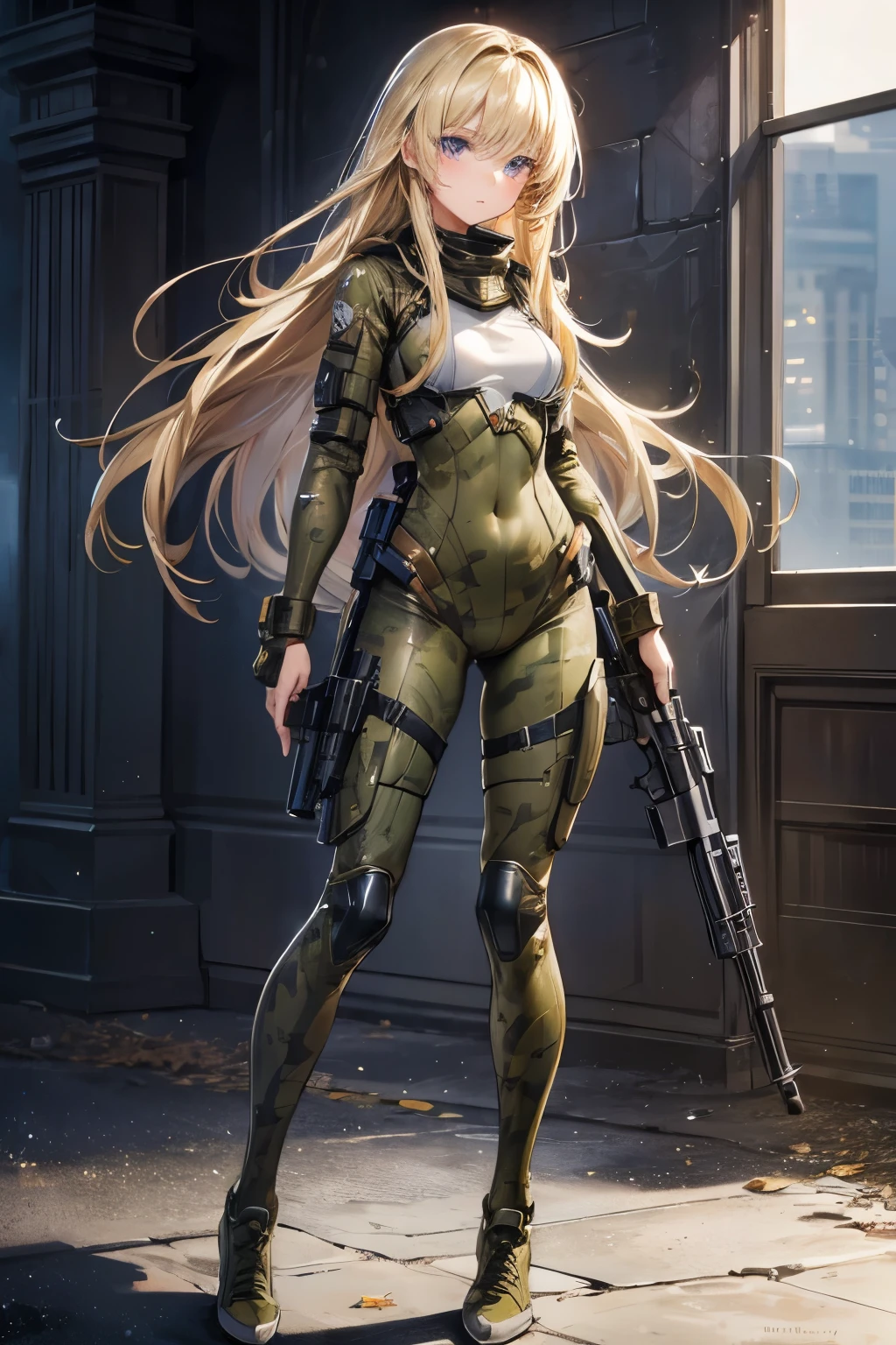 masterpiece,Highest quality,Very detailed,beautiful girl, teenager,Long blonde hair,Beautiful and detailed eyes,skinny,Small breasts, full body,Dynamic,Camouflage combat suit,gun,battlefield