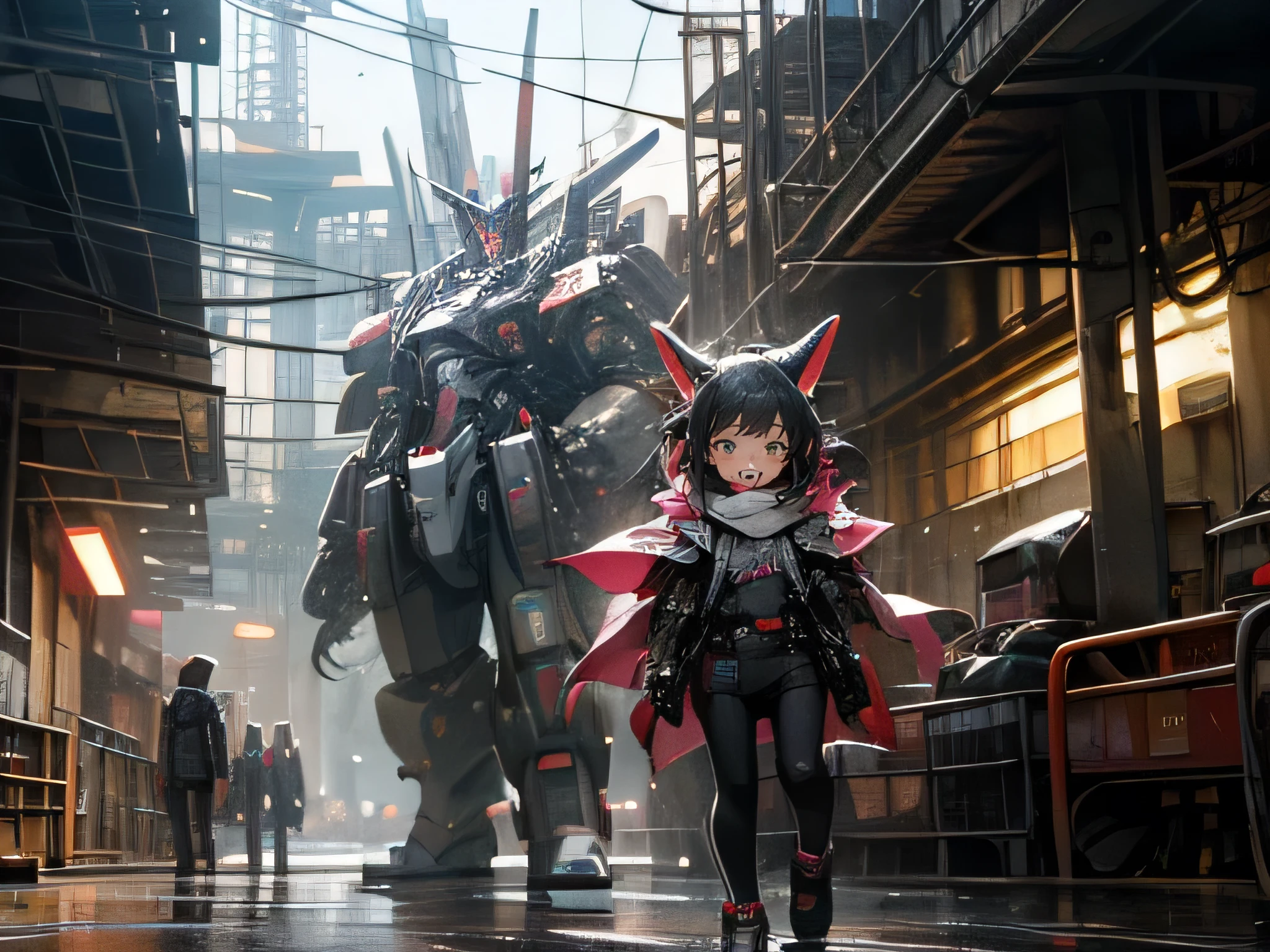 happy in front of cyberpunk mecha, wonderful background
