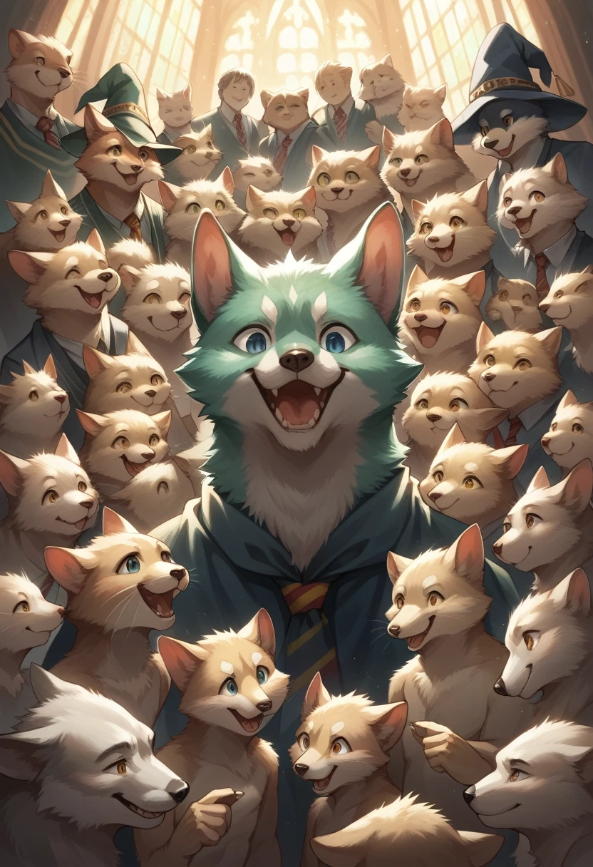 dynamic angle, top quality, best quality, High-quality illustrations, masterpiece, super high resolution, detailed background, detailed background, Harry Potter series, group shot:0.1, 6+boys, 6+girls, Happy, joyful, absurdres(highly detailed beautiful face and eyes)perfect anatomy(kemono, furry anthro),