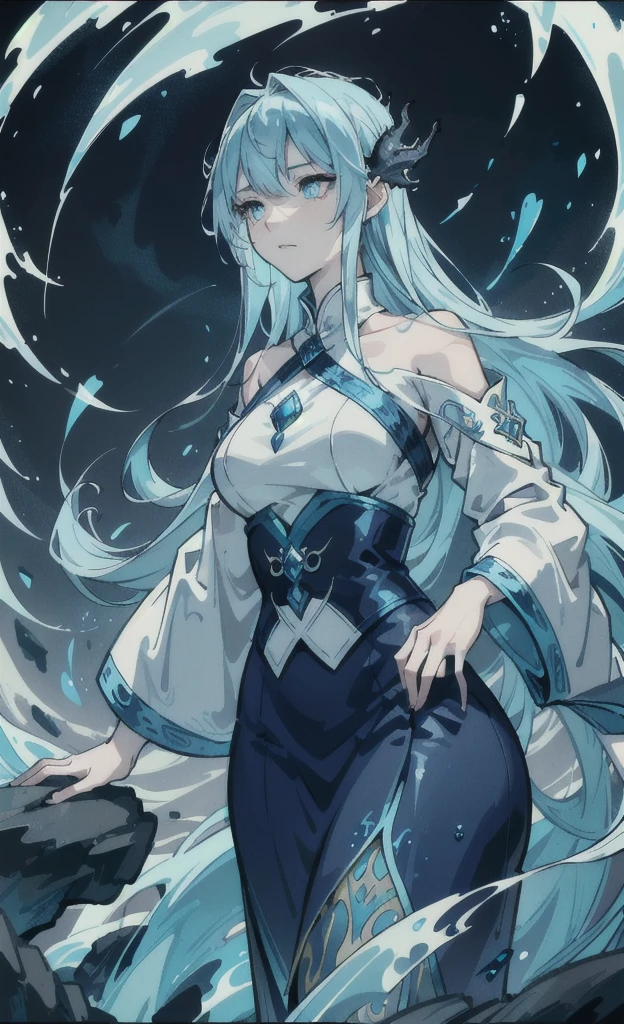 Create an illustration of a person with water dragon powers. The individual should be depicted in an epic fantasy style, surrounded by swirling water and ethereal blue light. They should have dragon-like features such as scales and glowing eyes. The background should feature a majestic waterfall and misty mountains, with the dragon spirit visible in the water currents, creating a sense of awe and magical power