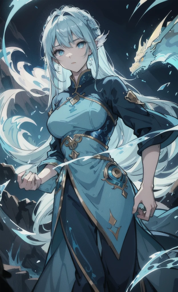 Create an illustration of a person with water dragon powers. The individual should be depicted in an epic fantasy style, surrounded by swirling water and ethereal blue light. They should have dragon-like features such as scales and glowing eyes. The background should feature a majestic waterfall and misty mountains, with the dragon spirit visible in the water currents, creating a sense of awe and magical power