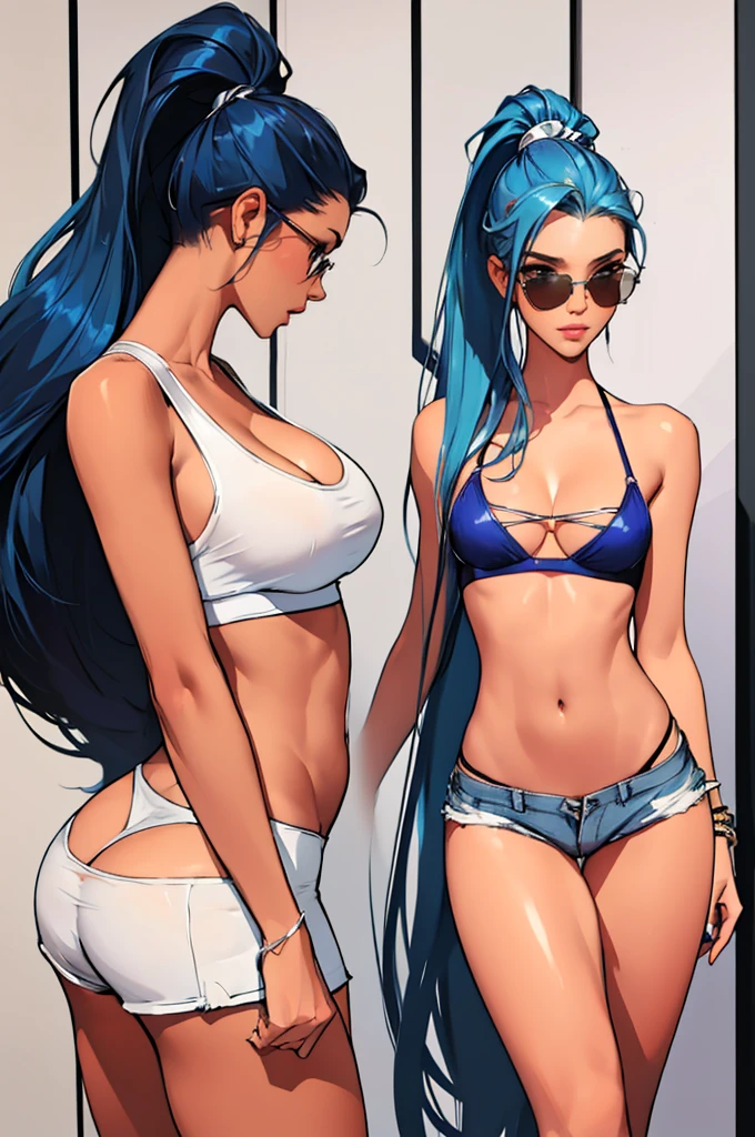 (best quality: 1.2), clean face, (masterpiece: 1.2, 8k) perfect anatomy, 1girl,a beautiful fashion model ,(masterpiece, official art, best quality ,long and shiny hair, blue hair with streaks in hair, long hair, full lips, slender body, slim body big breasts, looking at viewer, revealing outfit, absurdity, intricate details, dynamic pose, club, , wearing short shorts and a tight white top, cleavage, thong straps, ponytail, sunglasses, celebrity