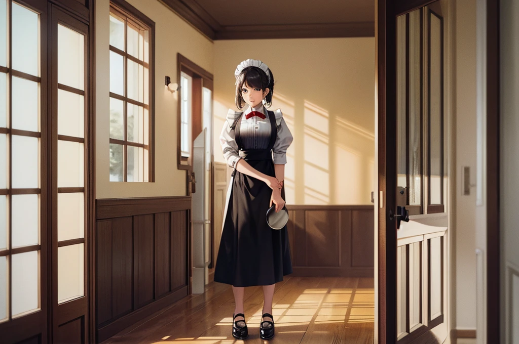 maid knocking on the door with a tray in hand