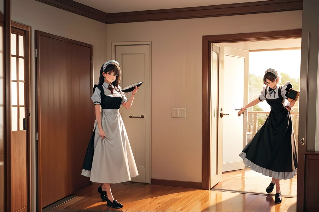 maid knocking on the door with a tray in hand