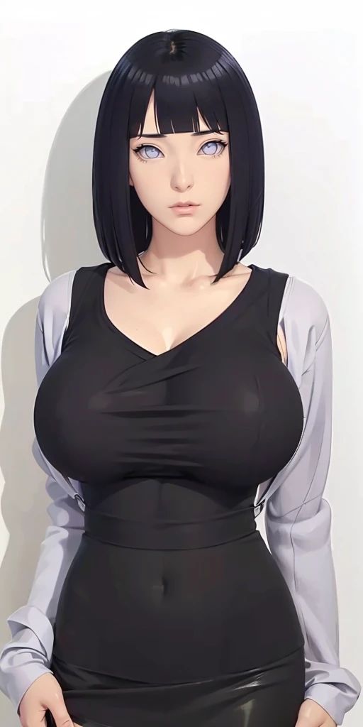 (((Perfect body,White and tender skin,(((Light blue wool cardigan and black skirt,Suspender skirt))),(((hyuugahin,hyuugahin,hinata\(boruto\),hyuugahin, "black long hair", blue eyes,blunt bangs))),((masterpiece)),high resolution, ((Best quality at best)),masterpiece,quality,Best quality,((( Exquisite facial features,Looking at the audience,There is light in the eyes,blush,Happy,lol))),))),(((Light and shadow,Huge breasts))),(((Looking at the camera,black background,))))