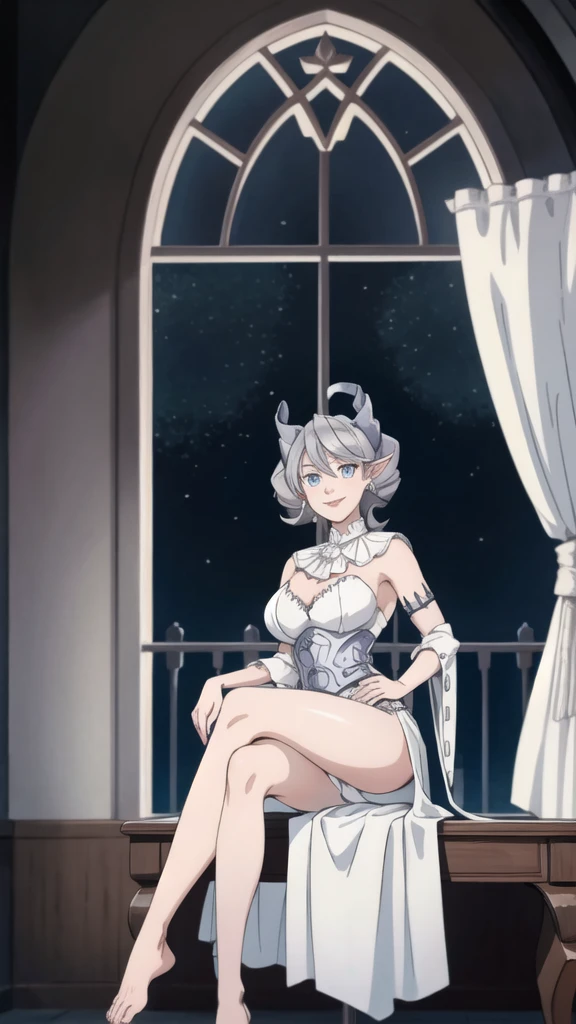 Beautiful arts wallpaper moonlight Outside castle top High level image quality best image quality 8K adult woman silver castle hall more colors whole body view portrait wearing pure white Goddess dress horn ears short hair((shortcut)(gray hair)(perm)(fluffy)) eye color is blue , , attractive evil face , smile , labrynth , barefoot , teasing with her breast, , sitting with crossed legs on piano , looking at the windows , stovie , crystal chandaglier , white curtains