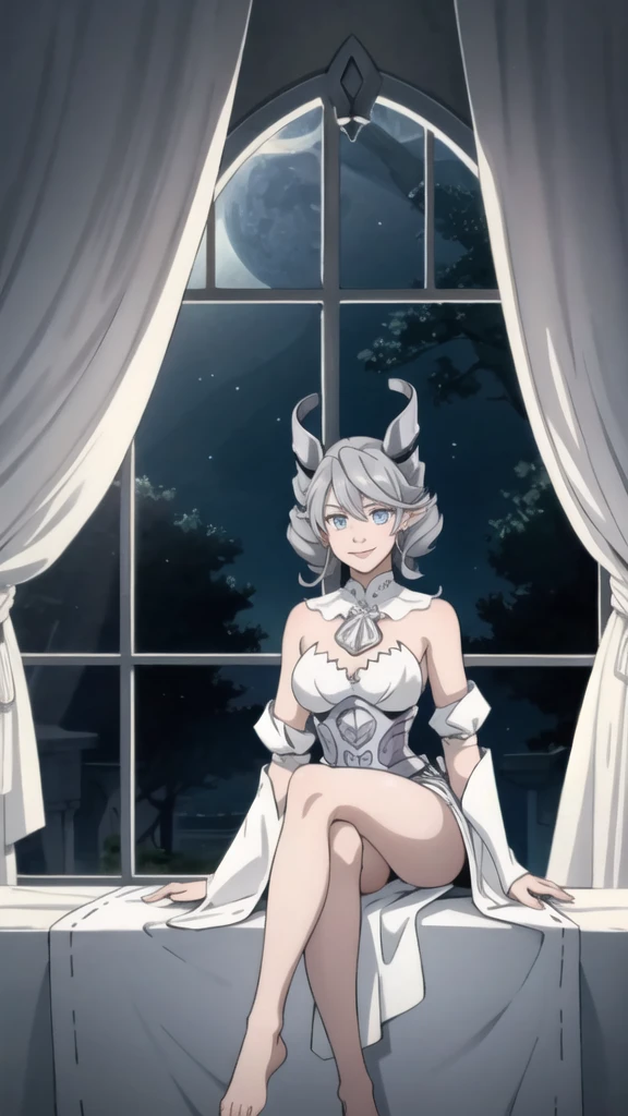Outside castle top High level image quality best image quality 8K adult woman silver castle outside more colors whole body view portrait bikini horn ears short hair((shortcut)(gray hair)(perm)(fluffy)) eye color is blue , , attractive evil face , judging , sexy pose , labrynth , barearm , wearing pink , wings , sitting on chair ,holding her weapon , crossed legs, view heels , view side
