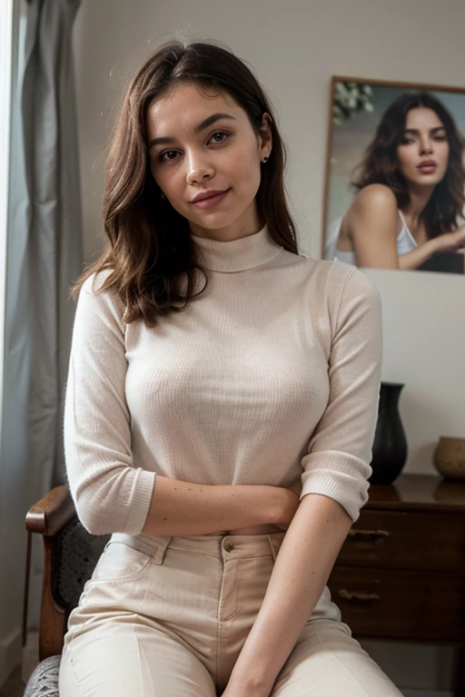 a beautiful slim and healthy woman with a happy expression, satisfied with your body, wearing high-waisted, high-rise tailoring pants in light pink, a white high-neck blouse tucked in at the neck, an elegant chanel style blazer in plain jacquard in dark pink, in a bright environment sitting on a chair posing for a photo , (best qualityer,4K,8K,high resolution,work of art:1.2),ultra detali,(realisitic,photorealisitic,photo-realisitic:1.37),hdr,ultra HD,natural lighting,ultra-fine painting,sharp focus,physically based rendering,extreme detailed description,proffesional,bright coloured,bokeh,portraits,fot