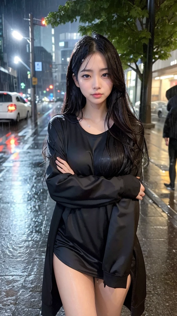 A woman, rain-soaked hair, rain-soaked clothes, messy hair, whole body wet with rain, 20 years old, beautiful, pretty face, cute face, rainy cityscape