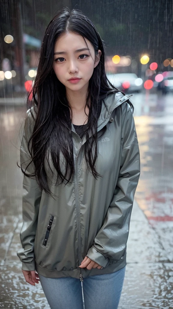 A woman, rain-soaked hair, rain-soaked clothes, messy hair, whole body wet with rain, 20 years old, beautiful, pretty face, cute face, rainy cityscape