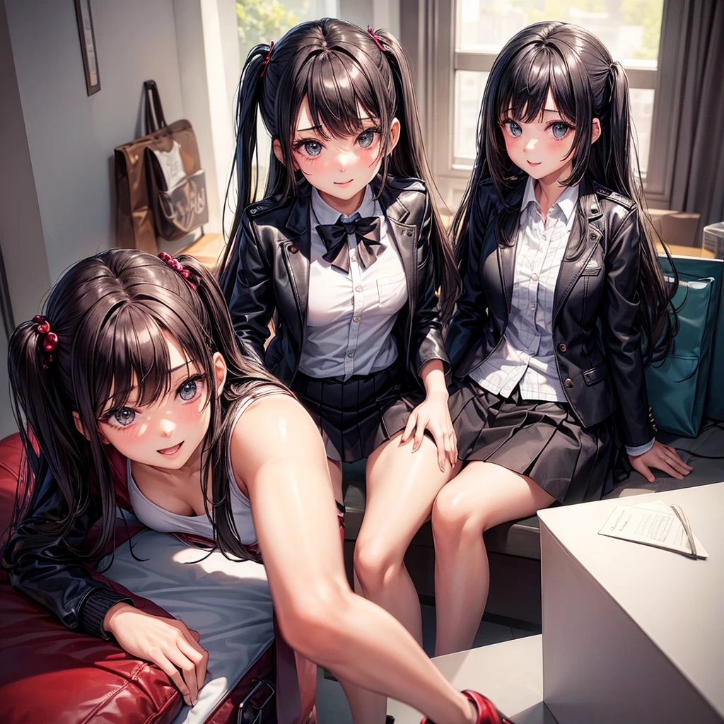 masterpiece,best quality,best resolusion,1girl,2 heads,detailed,Mihari Oyama character,brown hair with a hint of purple tied into two buns,wearing a D-shaped gold hair clip,yellow eyes,wearing an open white lab jacket(wearing red clothes),wearing long brown tights,playing on the laptop,looking at the laptop,sitting on a black chair,normal breasts,background in the house,beautiful face,beautiful hair,beautiful eyes,beautiful body,beautiful hand,two heads one body