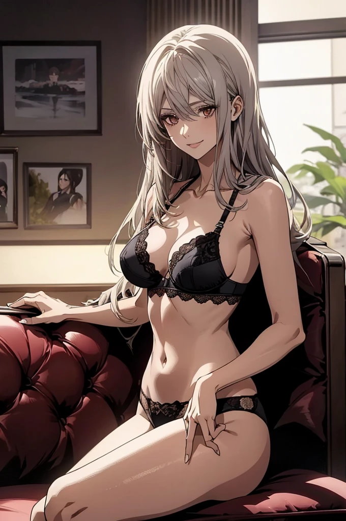 (Highest quality, High resolution, Very detailed), 1 female, Silver Hair, Long Hair, Reddish brown eyes, lace thong bra, Large Breasts, secretary, 24th generation, Beautiful woman, mature, quiet, Calm, A small smile, sofa,